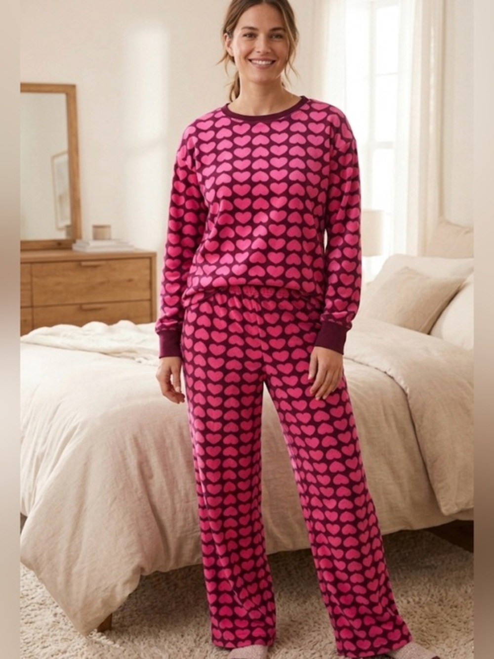 Kate Spade Velour Heart-Print Long Sleeve Pajama Set Size Large